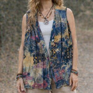 Las Manos Womens Small Button Front Vest Boho Hand Made Festival Hippie Rainbow